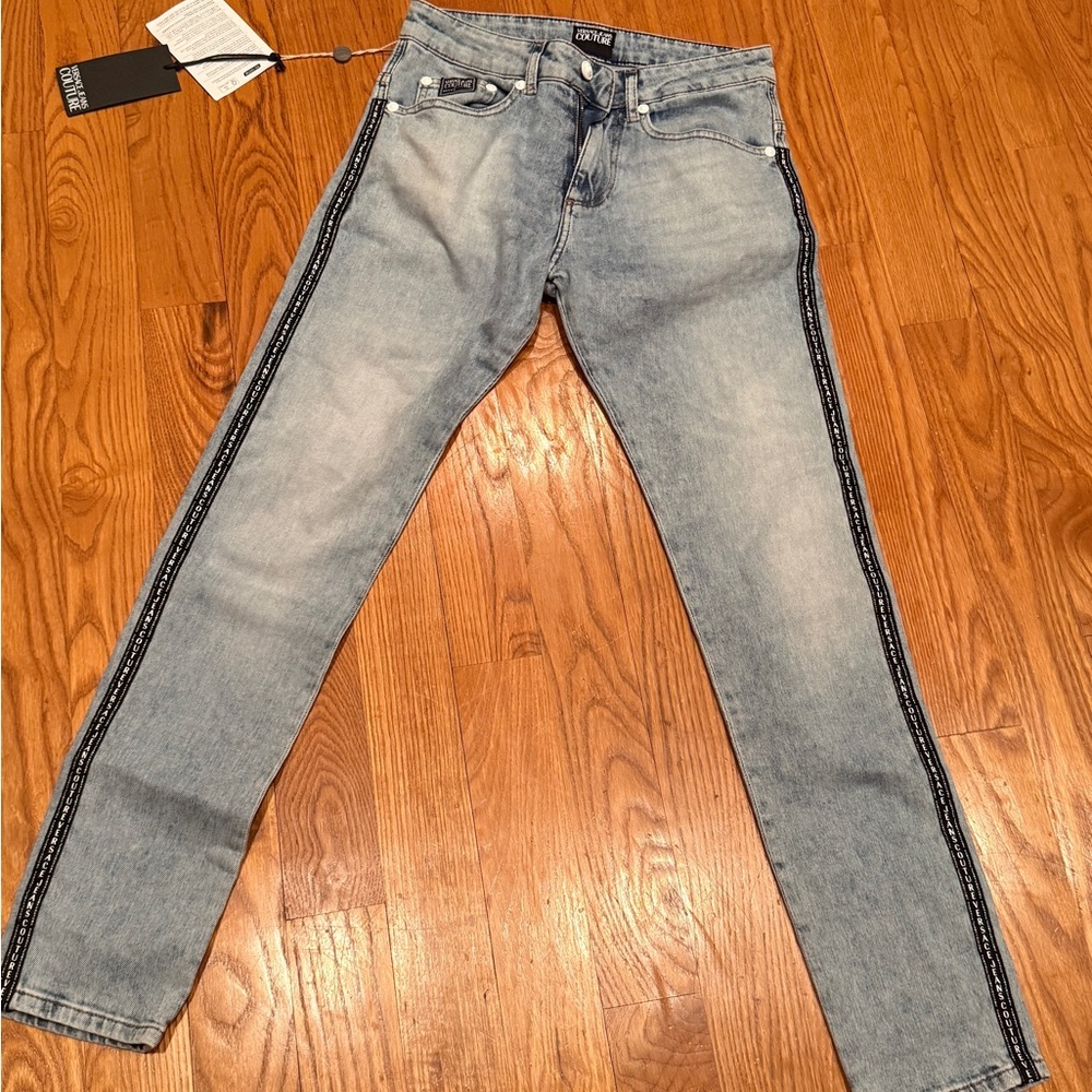 Versace Light Blue Skinny Jeans with Logo Stripe
